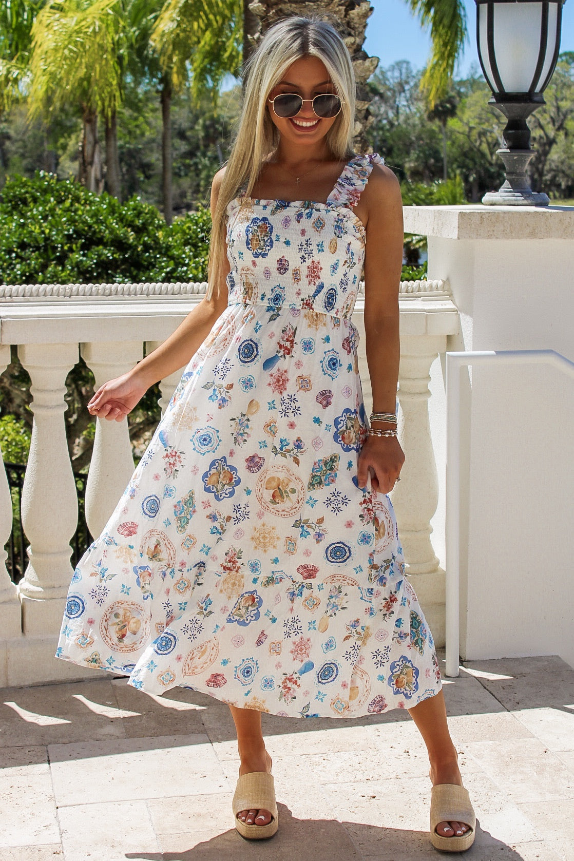 Summer Brunch Date Smocked Midi Dress - Blue