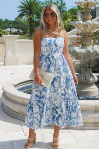 Heading To The Tropics Tiered Midi Dress - Blue/White