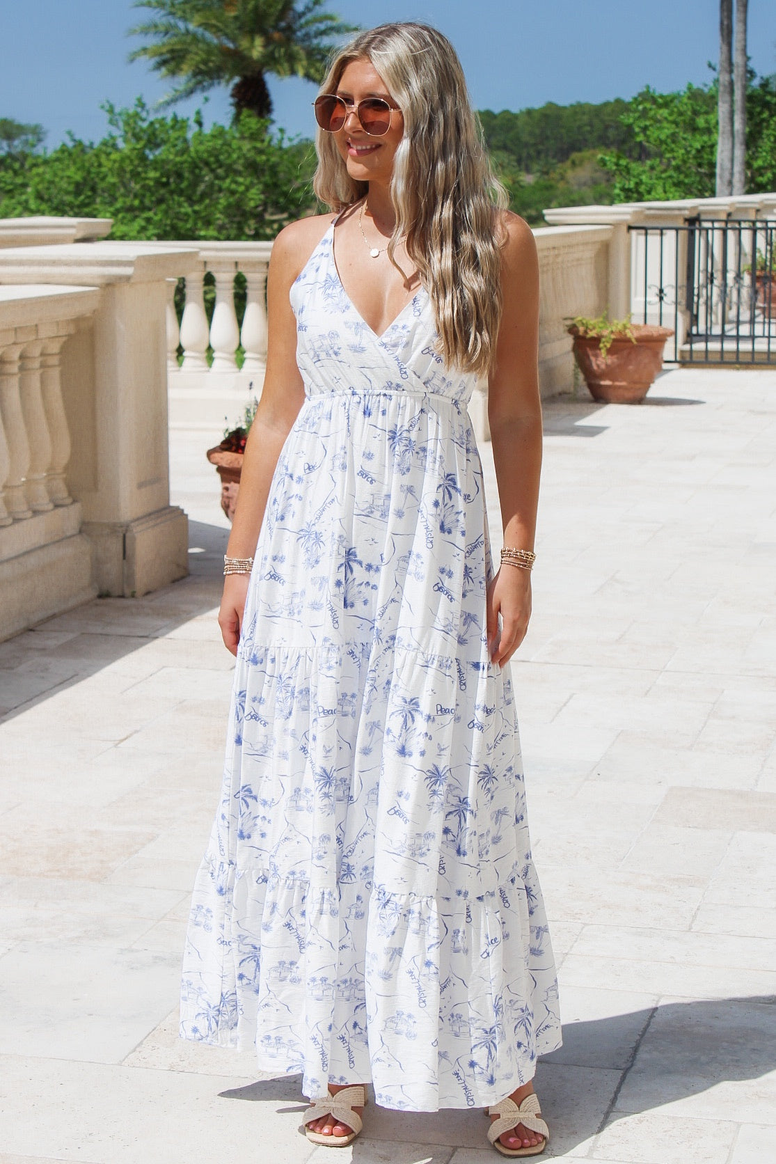 Classic Summers Strappy Tiered Maxi Dress - White Multi