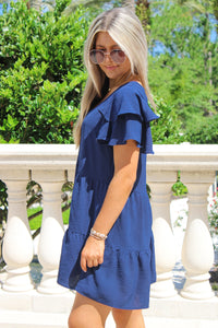 Summer Day Trip Flutter Sleeve Dress - Navy