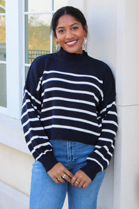 Cozier Times Striped Mock Neck Sweater - Navy