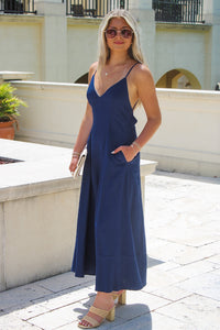 Summer Classic Linen Open Back Maxi Dress - Navy