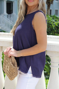 Colorful Days Back Button Linen Top - Navy
