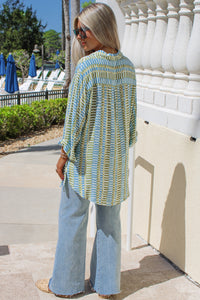 Tropical Breeze Button Down Tie Top - Blue Multi
