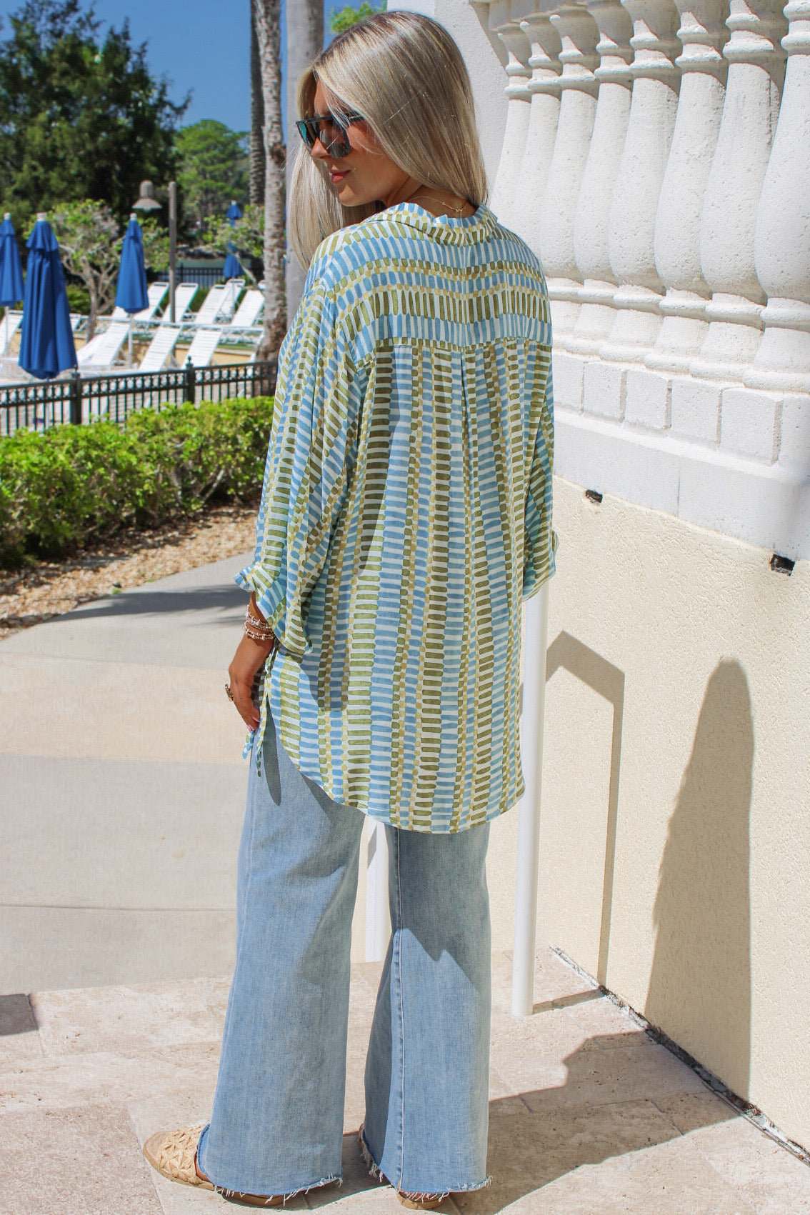 Tropical Breeze Button Down Tie Top - Blue Multi