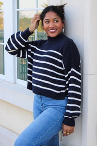 Cozier Times Striped Mock Neck Sweater - Navy