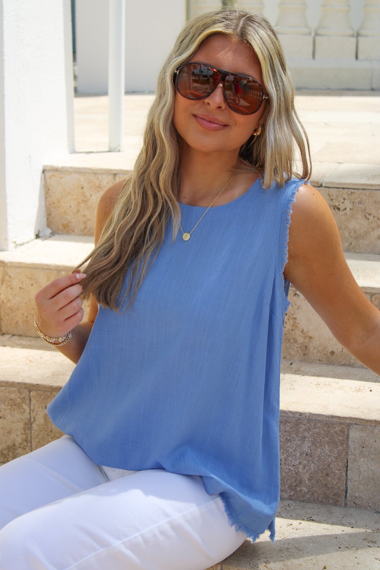Colorful Days Back Button Linen Top - Orchid Blue