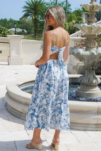 Heading To The Tropics Tiered Midi Dress - Blue/White