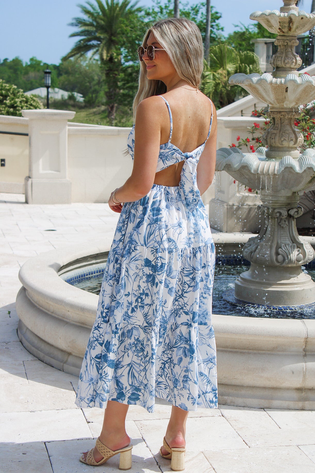 Heading To The Tropics Tiered Midi Dress - Blue/White