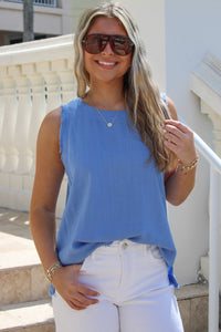 Colorful Days Back Button Linen Top - Orchid Blue