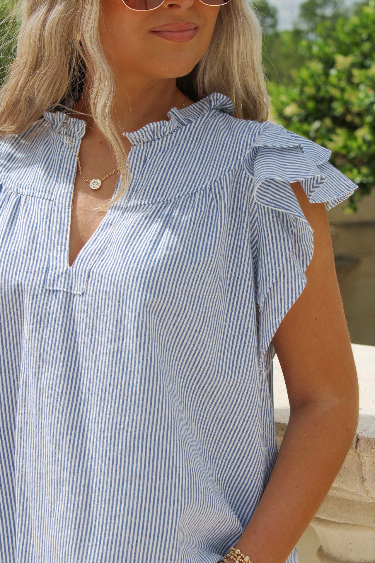 Boat Trips Striped V-Neck Top - Denim