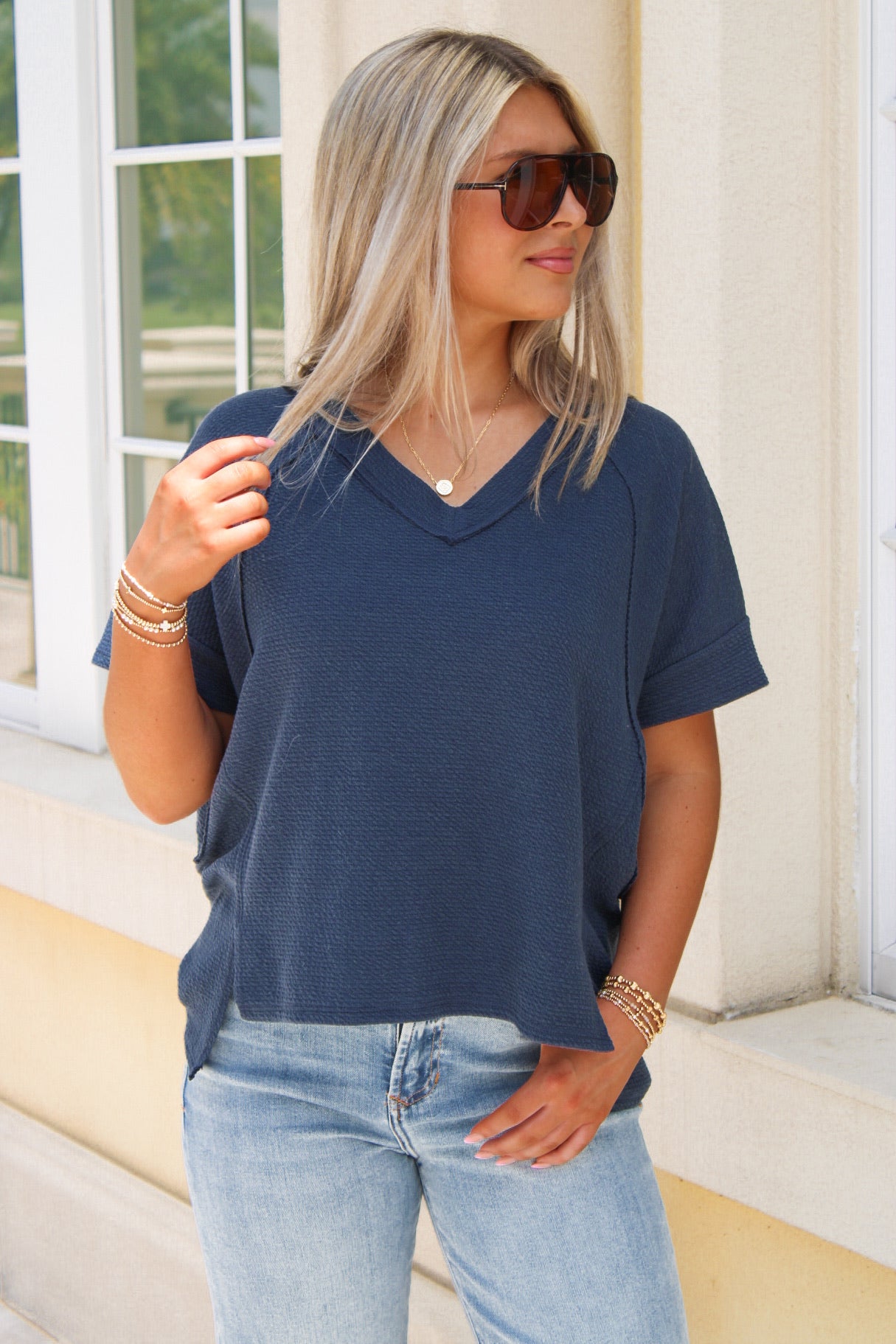 Cute & Casual Waffle Knit Top - Navy