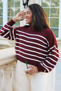 Cozier Times Striped Mock Neck Sweater - Burgundy