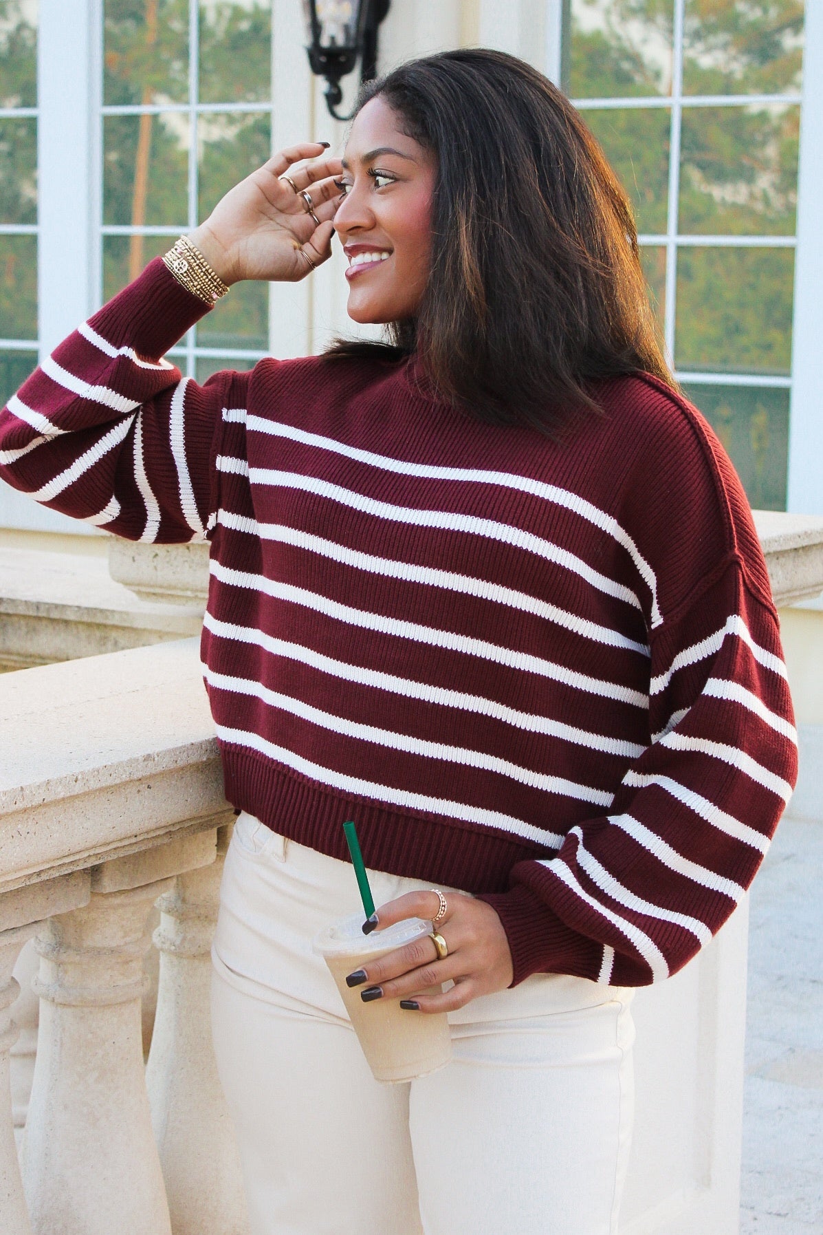 Cozier Times Striped Mock Neck Sweater - Burgundy