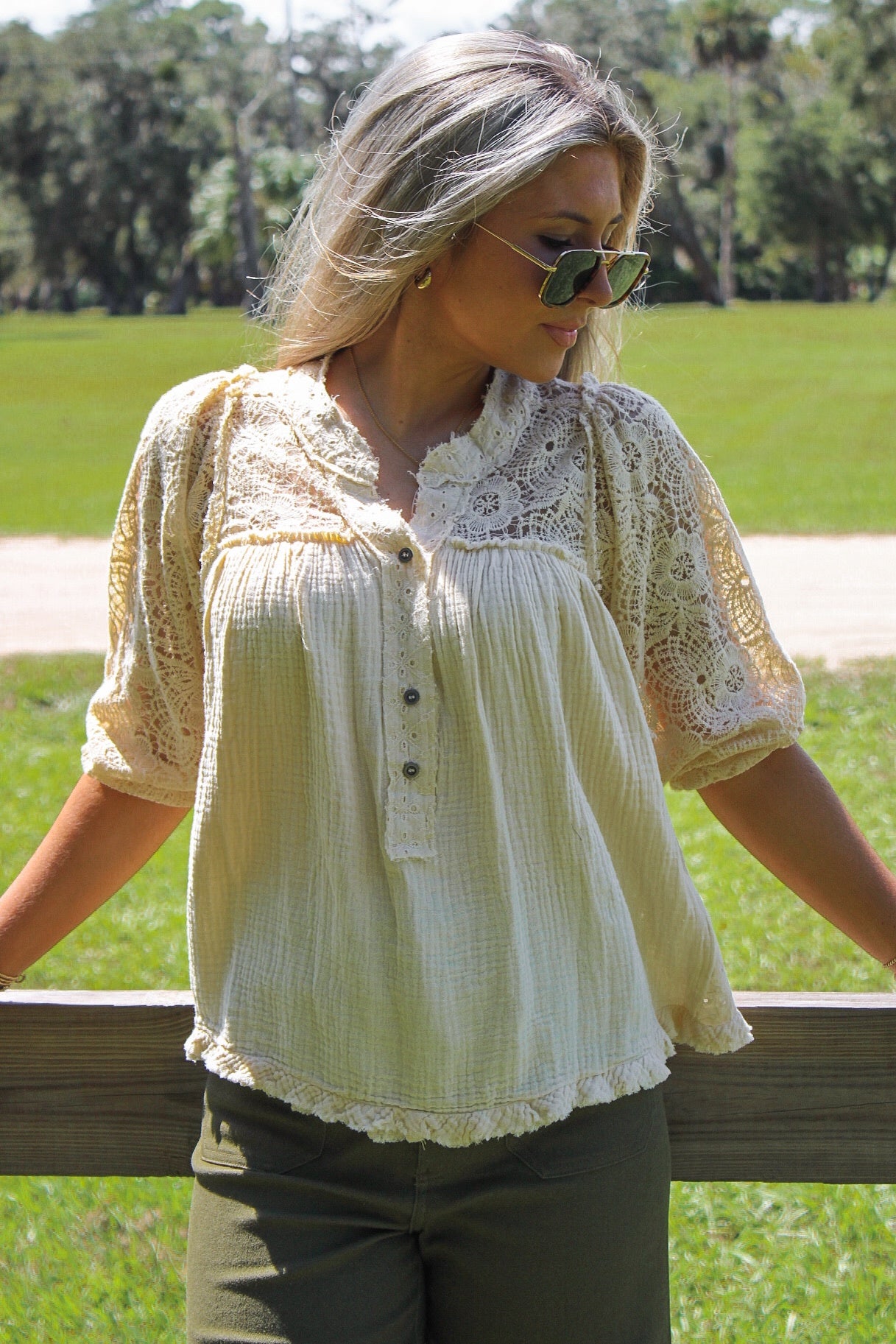 Delicate Drift Gauze  Lace Top - Cream