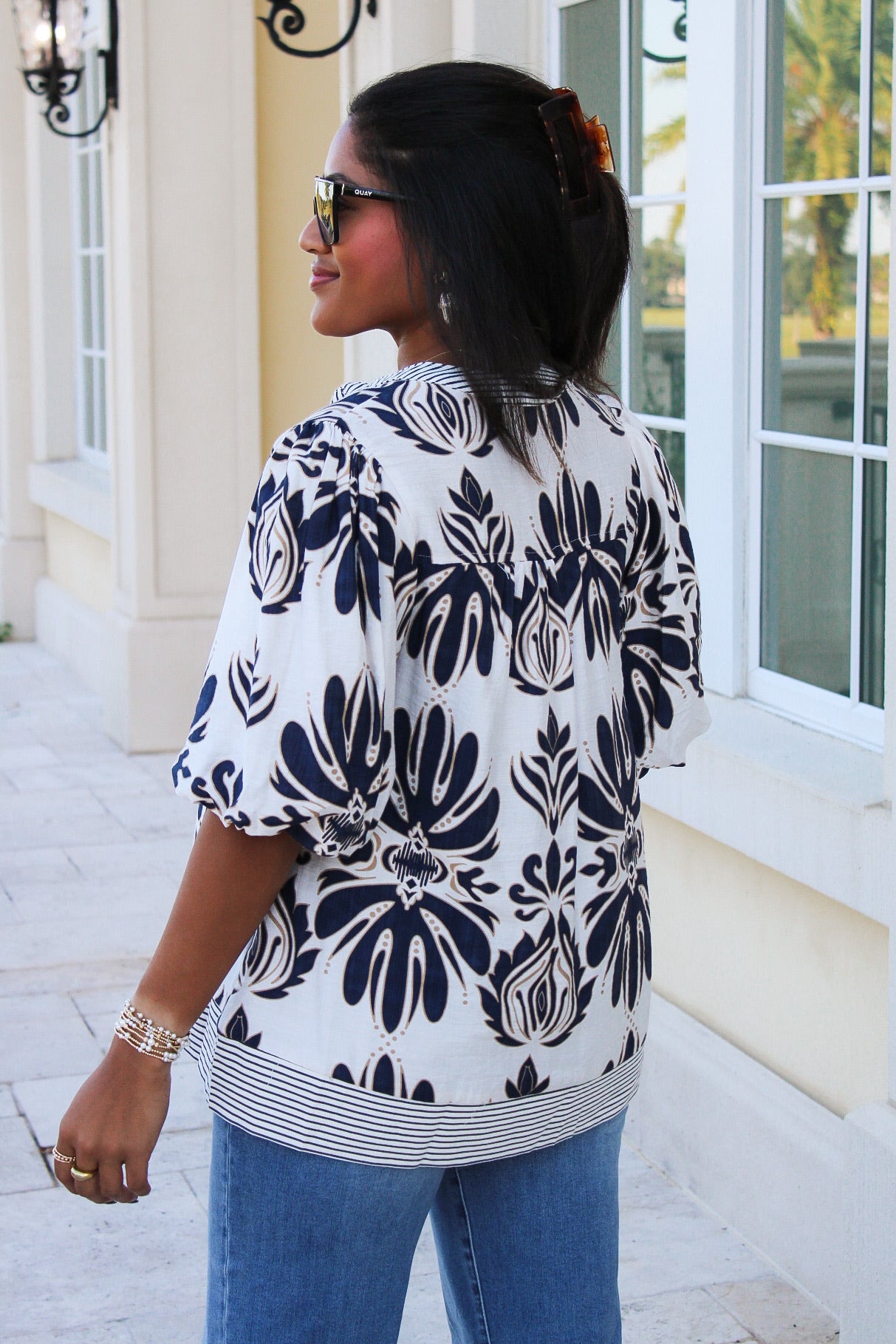 Pattern Play Bubble Sleeve Printed Top - Navy
