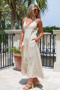 Summer Classic Linen Open Back Maxi Dress - Natural