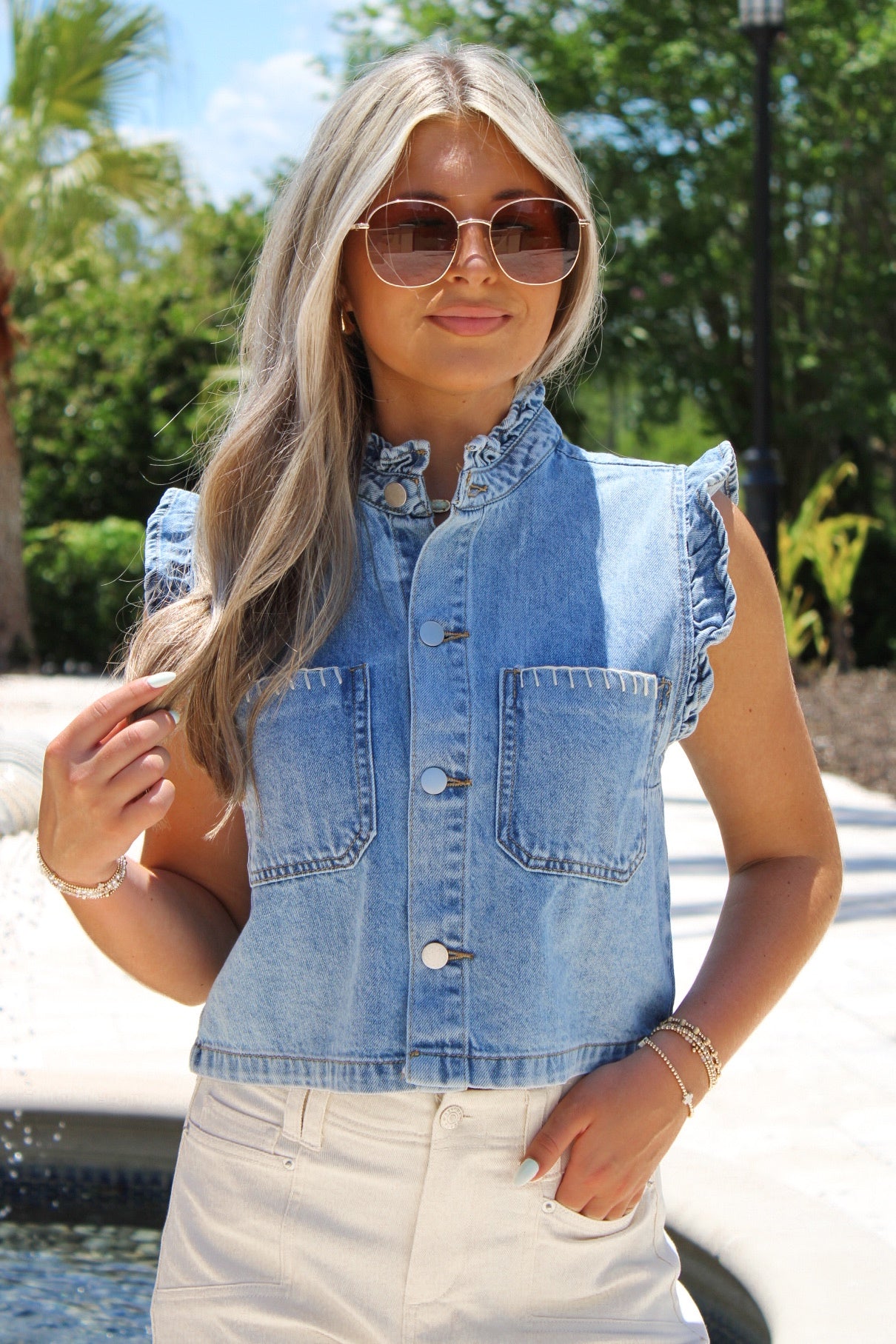 Adventure Begins Ruffle Stitch Vest - Denim