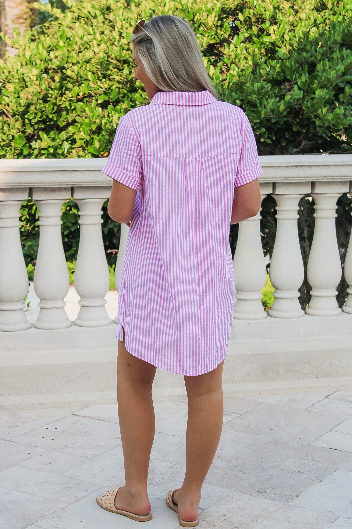 Ready To Sail Seersucker Shirt Dress - Pink/White