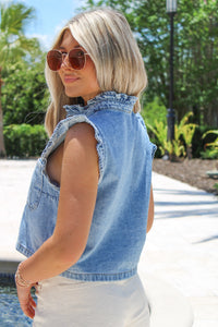 Adventure Begins Ruffle Stitch Vest - Denim