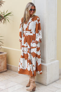 Fall Moments Floral Tiered Midi Dress - Caramel