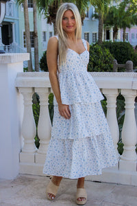 Sweeter Springs Floral Print Maxi Dress - White/Blue