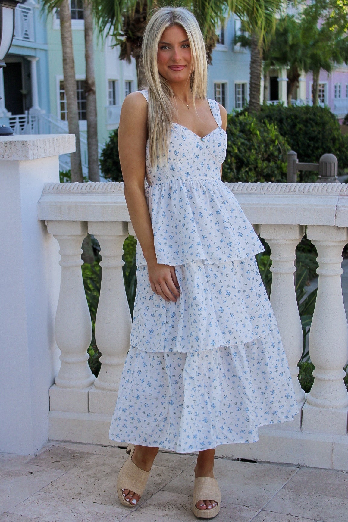 Sweeter Springs Floral Print Maxi Dress - White/Blue