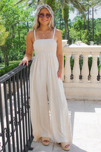Looking Ahead Smocked Linen Jumpsuit - Oatmeal