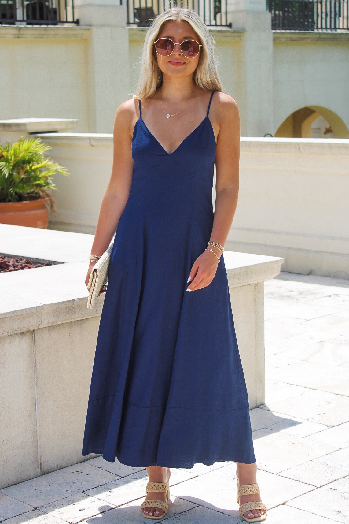 Summer Classic Linen Open Back Maxi Dress - Navy