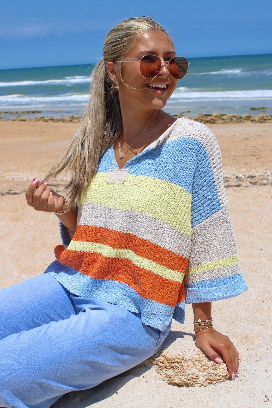 Finding Comfort Striped V-Neck Sweater - Periwinkle