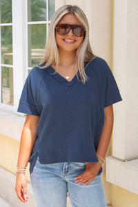 Cute & Casual Waffle Knit Top - Navy