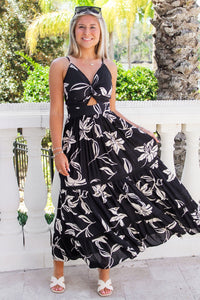 Tropical Paradise Front Twist Maxi Dress - Black