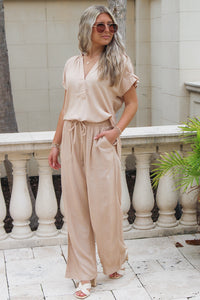 Breezy Oceans V-Neck Smocked Top - Sand