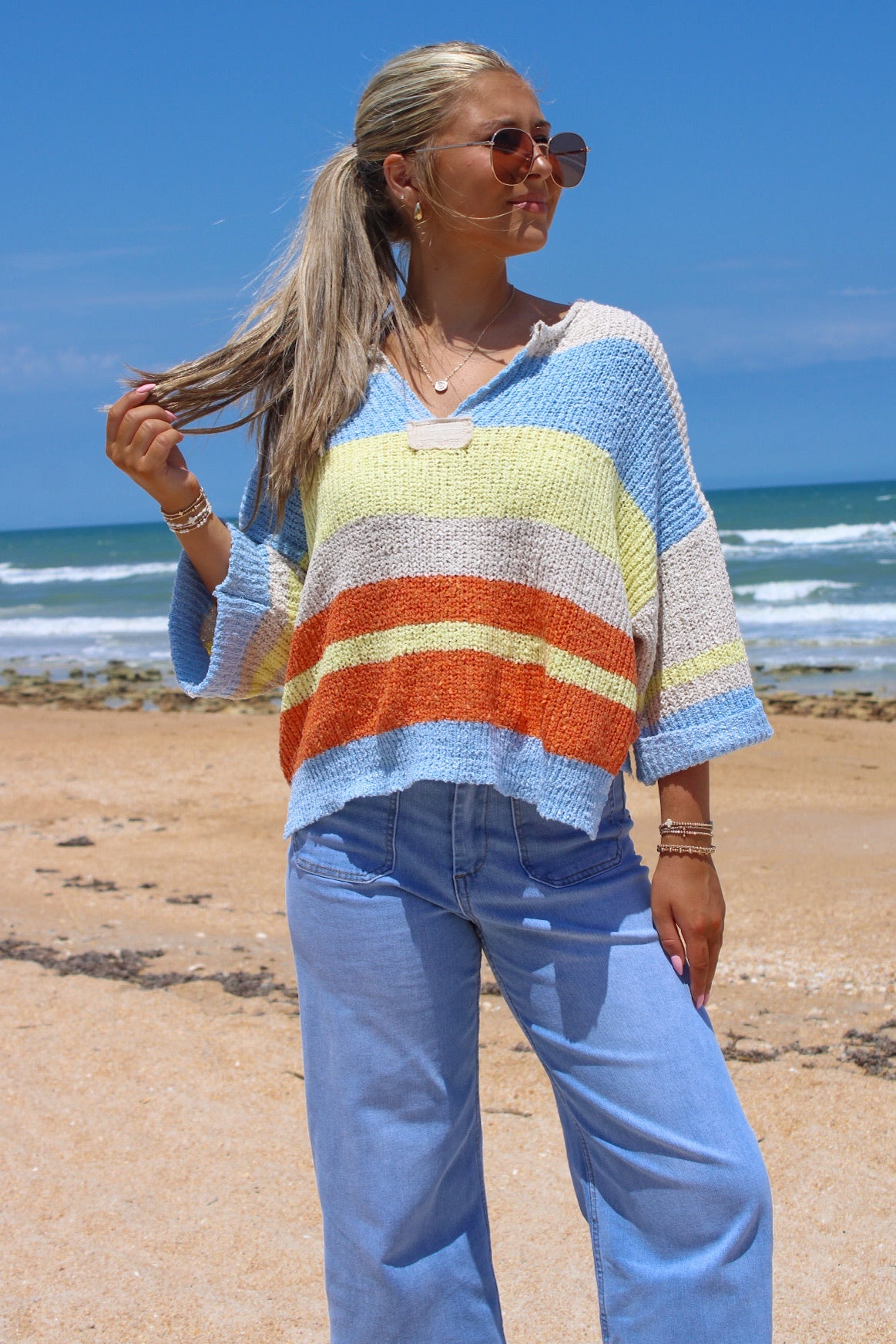 Finding Comfort Striped V-Neck Sweater - Periwinkle