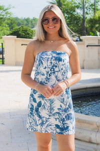 Ocean Bloom Strapless Mini Dress - Porcelain Blue