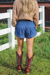 In The Beginning Mineral Washed Pleated Shorts - Denim