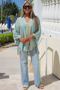 Tropical Breeze Button Down Tie Top - Blue Multi