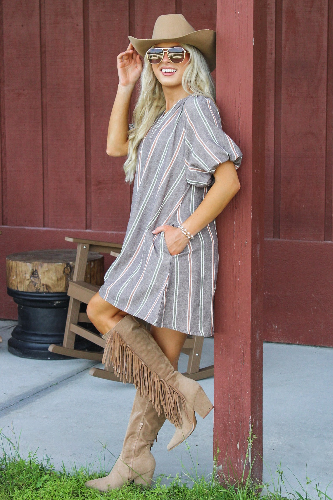 Countryside Cutie Striped V-Neck Mini Dress - Brown