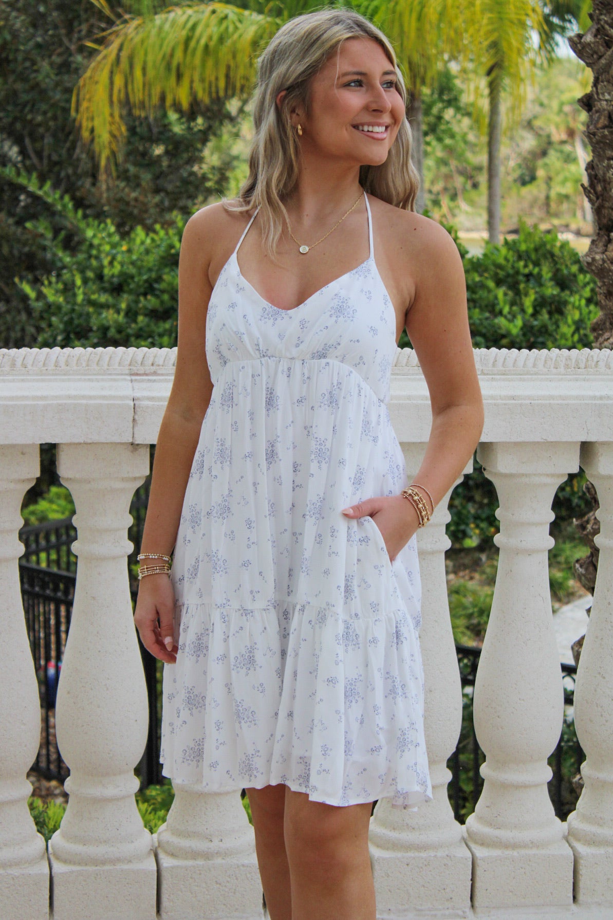 Calling For Sunshine Floral Mini Dress - White/Blue