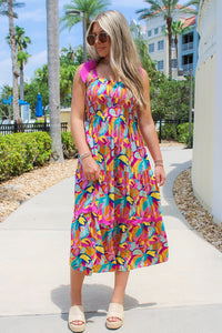 Vibrant Times A Line Midi Dress - Pink Multi