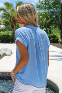 Sunny Days V-Neck Button Down Top - Powder Blue