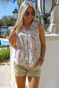 Island Time Button Down Collared Shirt - Blue Paisley