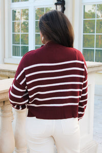 Cozier Times Striped Mock Neck Sweater - Burgundy