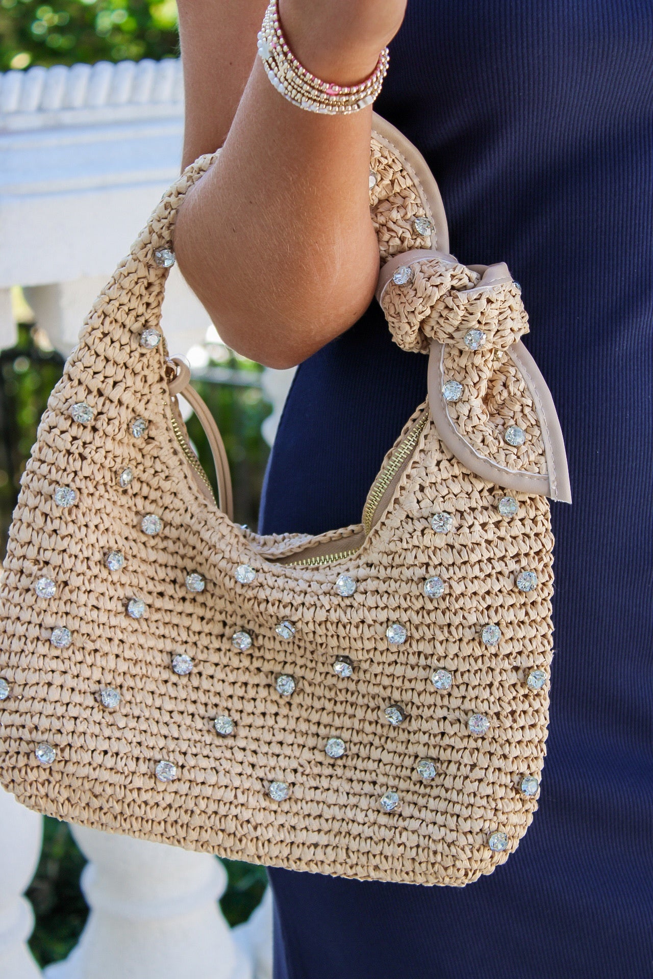 Classy Summers Rhinestone Straw Bag - Natural