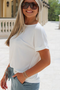 Be Prepared Rolled Sleeve Flowy Top - Off White