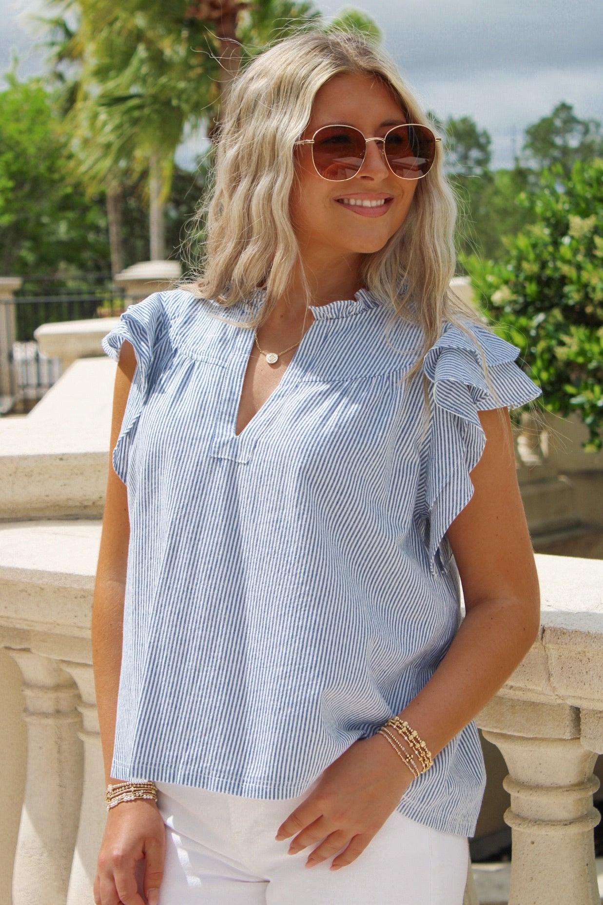Boat Trips Striped V-Neck Top - Denim