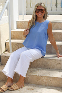 Colorful Days Back Button Linen Top - Orchid Blue