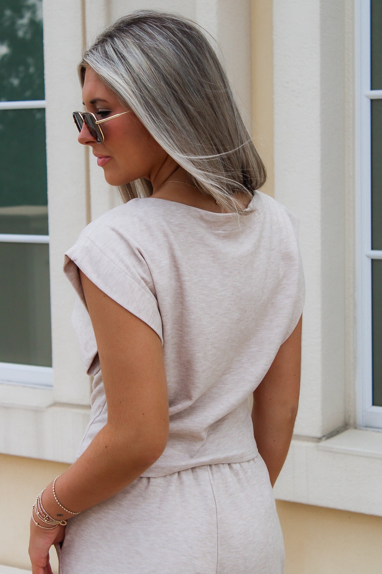 Cindy Strong Shoulder Sleeveless Knit Top - Oatmeal