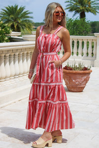 Girls Trip Striped Tiered Maxi Dress - Coral