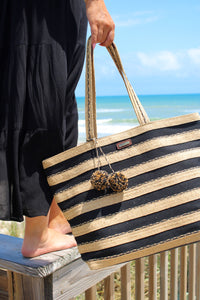 Selah Natural Straw Shoulder Tote - Black